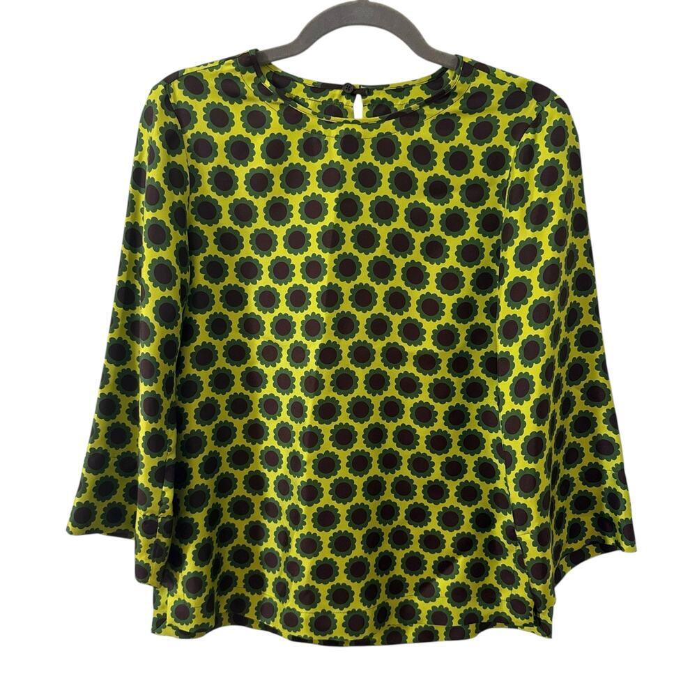 Odeeh 100% Silk Retro Floral Print Chartreuse Blouse Size EU 32 US XS